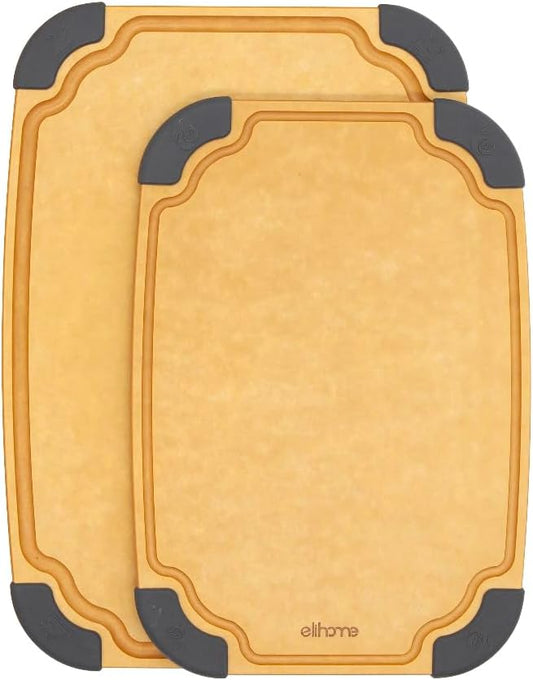 Elihome Essential Series 2-in1 Wood Cutting Board Set for Kitchen, Wooden Board for Chopping Vegetables, Bread, Cheese, Meat, Salad, Bread Board for Countertop, Butcher Block, Non-Slip