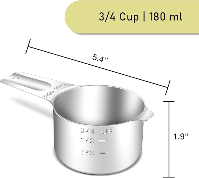 1PCS 3/4Cup (180ml, 6oz) Single Measuring Cup, Stainless Steel Measure Scoop, Metric and US Measurement, Heavy Duty, Dishwasher Safe