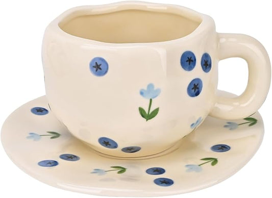 Koythin Ceramic Coffee Mug with Saucer Set, Cute Creative Blueberry Flower Cup Unique Irregular Design for Office and Home, 10 oz/300 ml for Latte Tea Milk