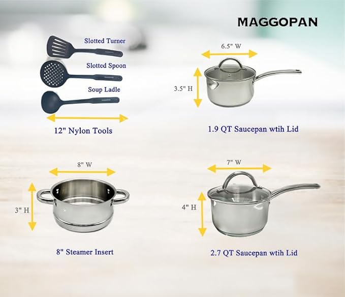 Stainless Steel Saucepan Glass Lid Casting Steel handle Induction Impact Bonded 8 PCS Set Steamer