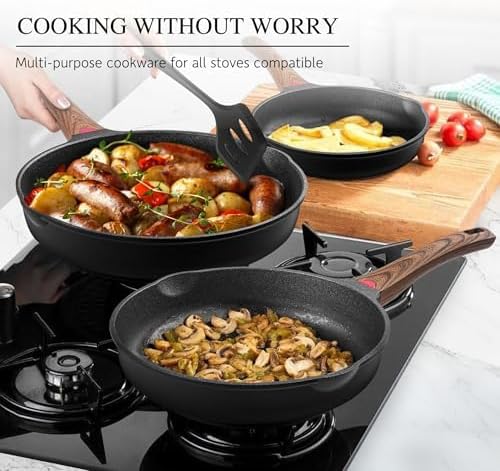 Vinchef Non Stick Frying Pan with Lid,9.5 Inch Anti Scratch Skillet Cast Aluminum Cookware, Induction Compatible Black