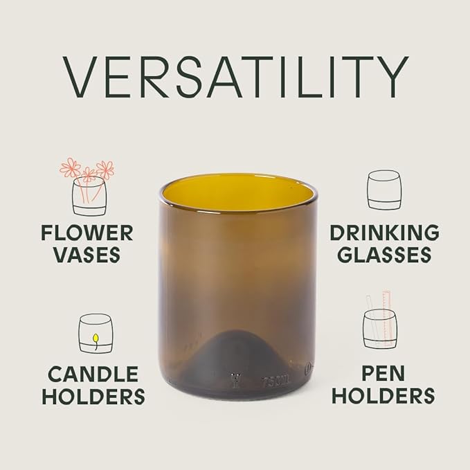 IWAS Upcycled Olive Drinking Glasses | 250 ML | 8.45 OZ | Set of 6 | Sustainable Water Glasses | Environmentally Friendly Dark Brown Glasses For Home