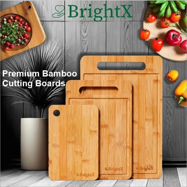 BRIGHTX Premium 3pc Bamboo Cutting Boards for Kitchen - Small, Medium & Large Wooden Cutting Boards for Kitchen | BPA-Free, Dishwasher Safe Cutting Board Set | Best Non-Toxic Wood Cutting Board Set