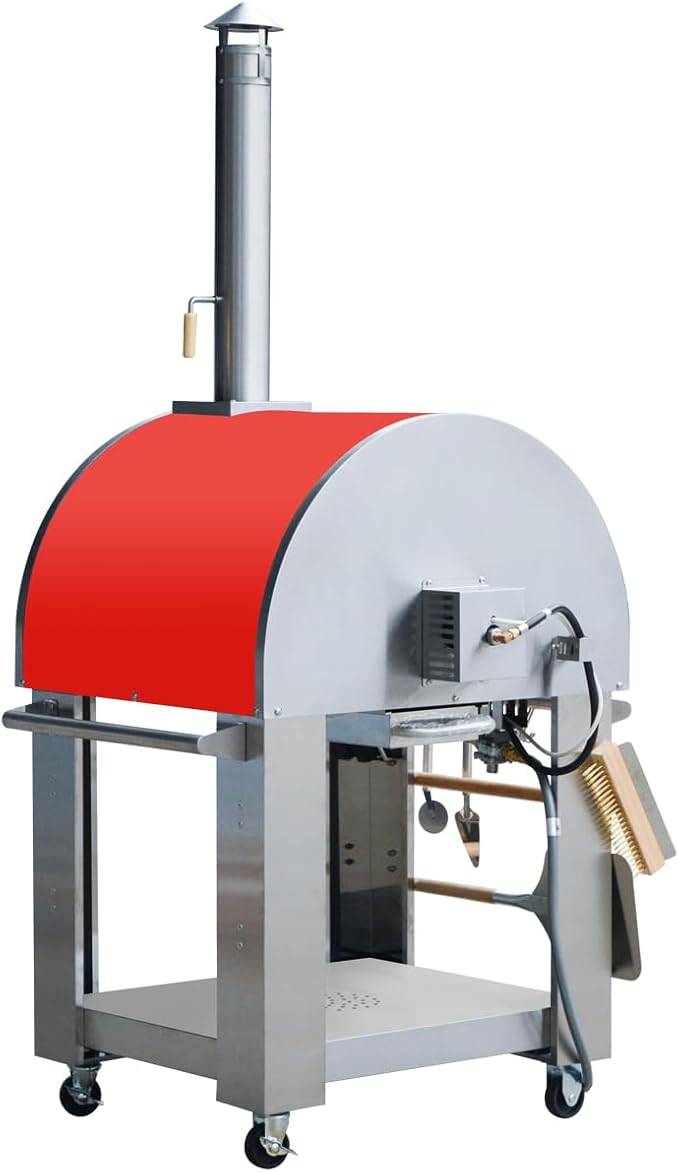 32.5 inch Wood Fired and Propane Gas Pizza Oven for Outdoor Kitchen in Stainless Steel, Large Pizza Oven for Outside, Yard and Party (Red with Cover)