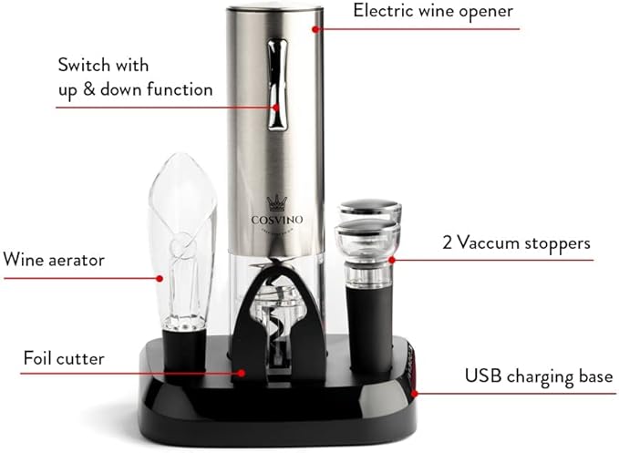 Premium Electric Wine Bottle Opener with Charging Base, Quality Italian Design, Electric Wine Opener Set, Corkscrew Opener, Display Charging Station, an Unique Gift for Wine Lovers