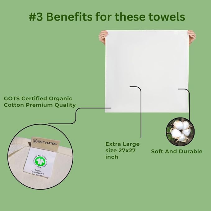 Organic Cotton Flour Sack Towels for Kitchen- Lint-Free, White Tea towels for Embroidery, Crafting, Dyeing. Super-Absorbent Dish Towels for Drying, Bread Proofing, Baking 27"x27"(White 8 pack)