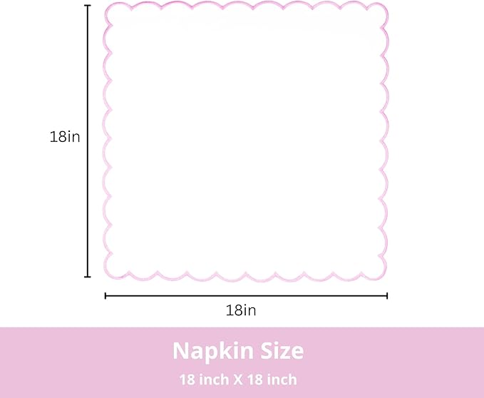 PurpleEssences Scalloped Embroidery Cloth Napkins Christmas Holiday Winter Table Decor 100% Cotton Set of 4-18 x 18 inch - White - Edges - Blush Pink