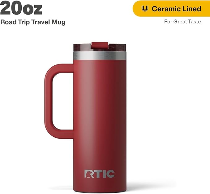 RTIC 20oz Road Trip Travel Mug with Lid and Handle, Insulated, Stainless Steel, Metal, Double Wall Vacuum-Insulation, Ceramic Lined, Portable Coffee, Tea Cup for Hot and Cold Drink, Black Cherry