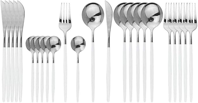 JASHII Flatware Serving Set 24 Piece, Stainless Steel Silverware Set, White Silver Cutlery Set, Modern Elegant Tableware Set for Party, Christmas, Dinner (White Silver)