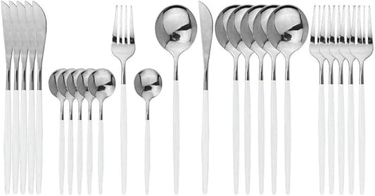 JASHII Flatware Serving Set 24 Piece, Stainless Steel Silverware Set, White Silver Cutlery Set, Modern Elegant Tableware Set for Party, Christmas, Dinner (White Silver)