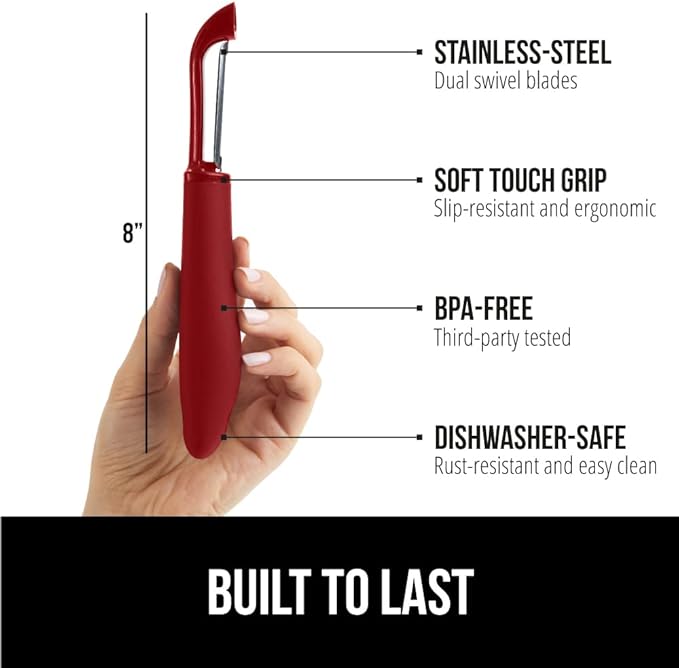 GORILLA GRIP Patented BPA-Free Sharp Stainless Steel Dual Swivel Vegetable Peeler, Soft Comfortable Handle, Smoothly Peel Apples, Potatoes, Carrots, Includes Blade Cover, Kitchen Tool Peelers, Red