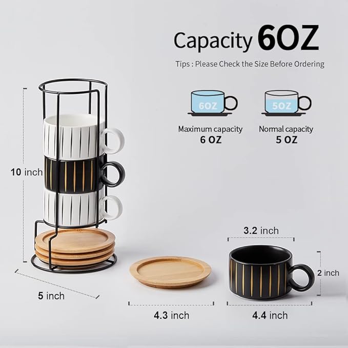 LUKA Porcelain Espresso Cup with Saucer and Metal Stand, 6 Ounce Stackable Ceramic Demitasse Espresso Mugs Cappuccino Cups Set for Latte,Coffee,Cafe Mocha,Tea(Set of 4)