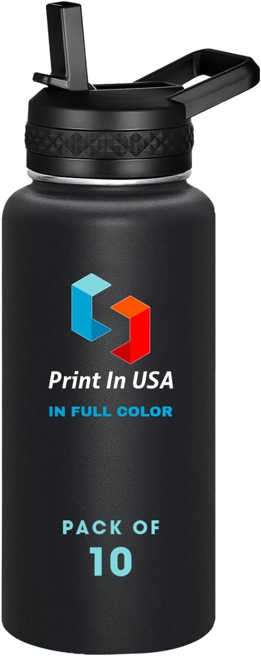 Personalized Custom Print in USA Water Bottle 10Pcs 32oz Stainless Steel Double Wall Coffee Cup with Lid & Straw Insulated Tumbler with Colorful Text Logo Photo