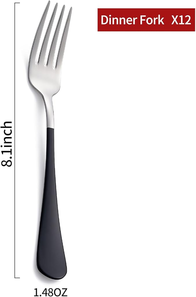 Black Dinner Fork, 18/0 Black handle Stainless Steel Satin Finish 8.1-inch Silverware Flatware Fork Set, Set of 12, Dishwasher Safe
