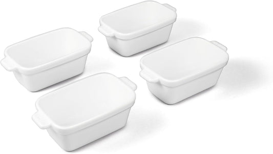 Souper Cubes Stoneware - Small Ceramic 5" x 3" Baking Dish with Silicone Covers, Small Baking Dishes for Oven Perfect for Reheating Single Serve Portions, Set of 4 - White