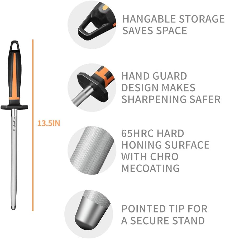 Selected High-Carbon Steel Honing Rod - Honing Steel Made of Hardened with Classic Simplicity Handle Sharpening Steel for Knife Sharpeners for Kitchen Knives (8IN)