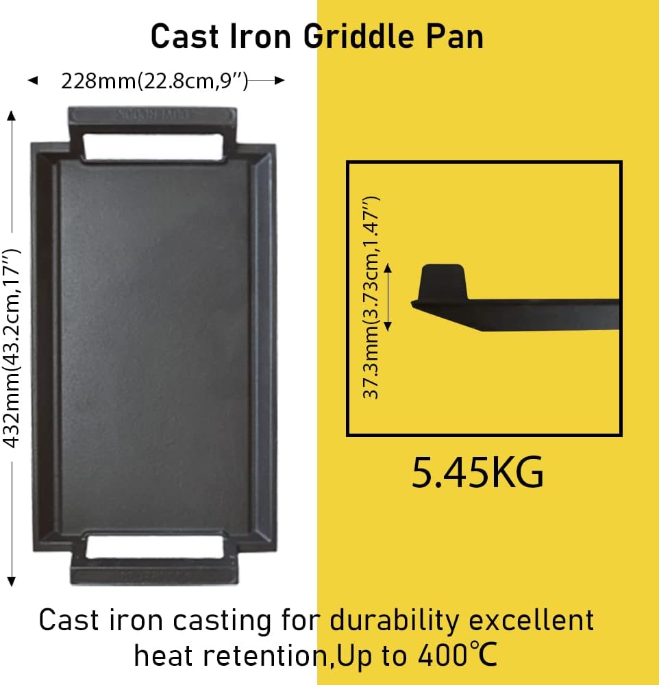 COVERCOOK Griddle Pan, Cast Iron Grill Hot Plate, Rectangular Grill with Flat Surface for Electric Stove Top and Induction Cooktop,16.7 x 9.1in