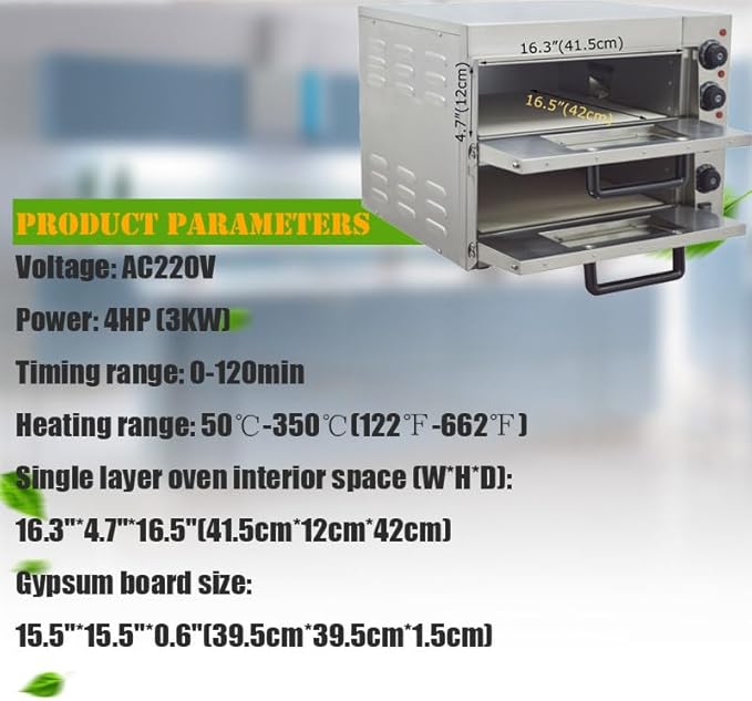 Commercial Pizza Oven, 220V 3KW Commercial Double-decker Pizza Electric Oven Stainless Steel 2-Layers Pizza Cooker