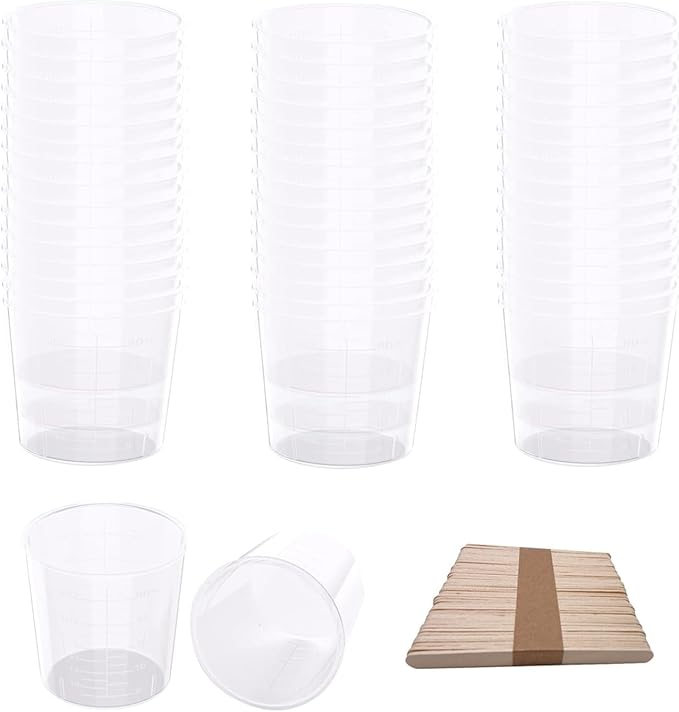 100 Pieces 2 Ounce Plastic Graduated Cups 60 ml Transparent Scale Cups with 100 Pieces Wooden Stirring Sticks for Mixing Paint, Stain, Epoxy, Resin