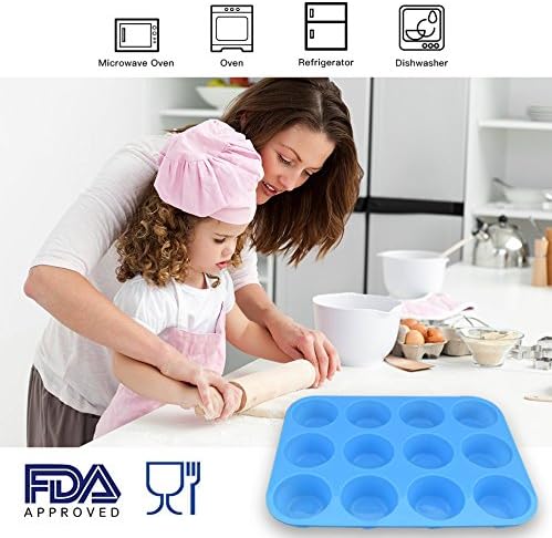 homEdge 12-Cup Silicone Muffin Pan, Pack of 3 Non-Stick Muffin Molds, Baking Pan for Cupcake, Tarts, Egg Bites-Blue