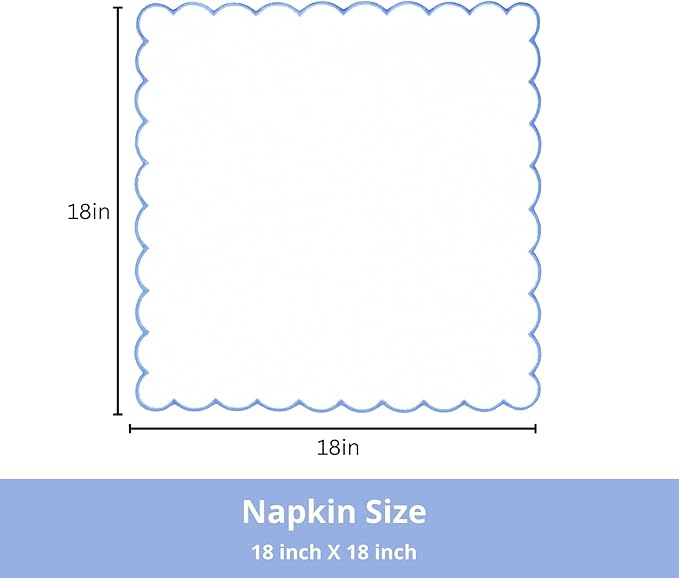 PurpleEssences Scalloped Embroidery Cloth Napkins Christmas Holiday Winter Table Decor 100% Cotton Set of 4-18 x 18 inch - White - Edges - Light Blue
