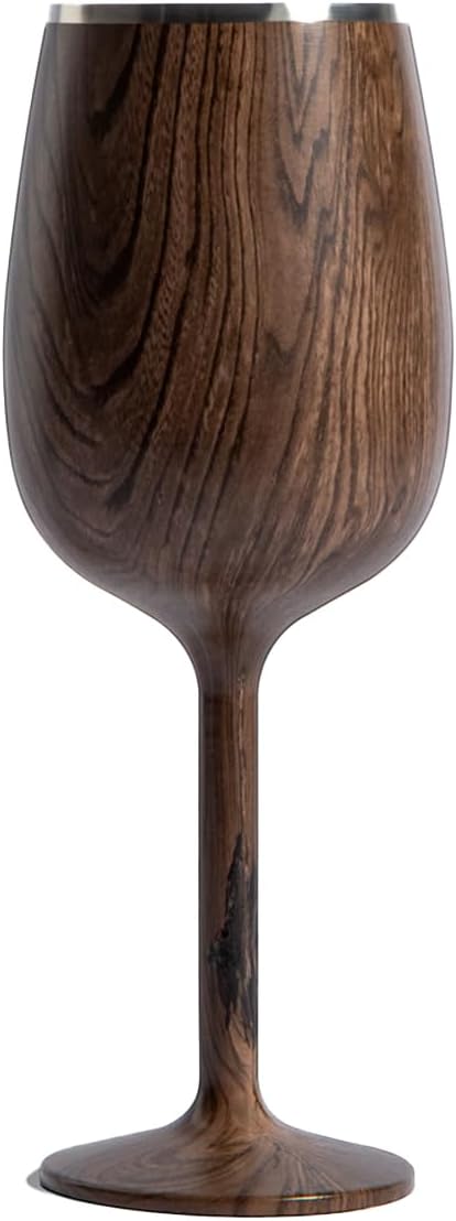 NEWPORT Stemware Collection Premium Vacuum Insulated Stainless Steel Wine Glass, Lightweight Wine Glass, Unbreakable & Drinks Stay Cold, Non-Slip Silicon Base, Cocktail Glasses, 12oz, Dark Walnut