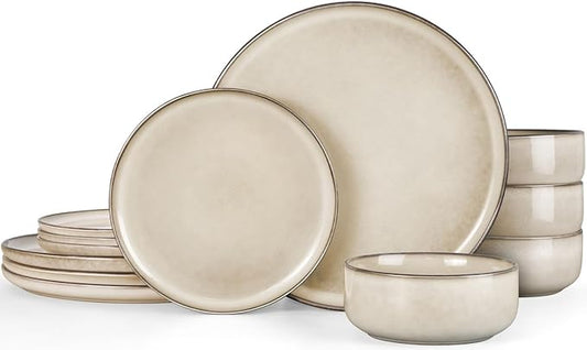 Herogo Stoneware Plates and Bowls Sets for 4, 12 Pieces Modern Round Dinnerware, Reactive Glaze Dishes Set for Kitchen, Chip Resistant, Microwave & Dishwasher Safe, Cream Khaki