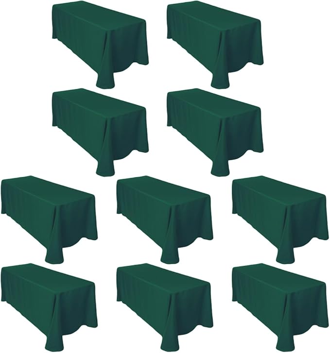 LTC LINENS 10-Pack Bulk 90x132 Inch Hunter Green Rectangular Tablecloths - Rounded Corners, Polyester Fabric, Stain & Wrinkle Resistant, Floor-Length Drop for 6 ft Tables, Wedding, Party