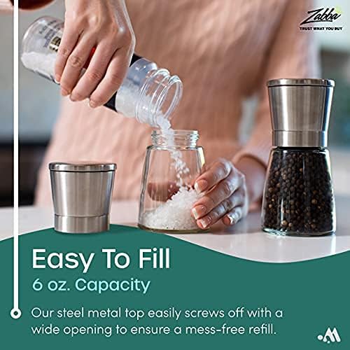 Salt and Pepper Shakers Set Adjustable Coarseness Pepper Grinder Mill for Sea Salt Spice Stainless Steel Glass 2 Pack