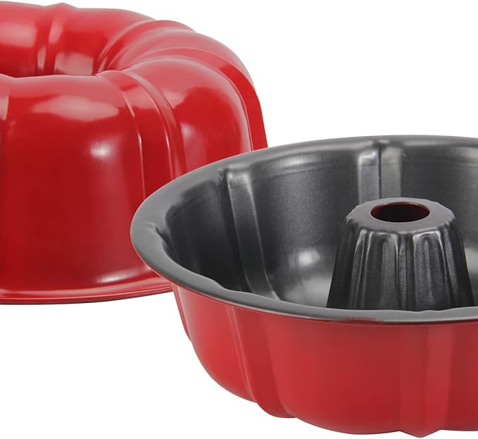 OAMCEG 2 Pack Bunte Cake Pan Nonstick - 10 Inches Fluted Tube Cake Pans for baking, 12 Cups Heavy Duty Carbon Steel Tube Pan Baking Mold for Buntelet, Bavarois, Brownie, Jello, Flan, Meatloaf (Red)