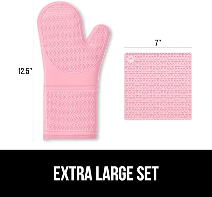 GORILLA GRIP BPA-Free Soft Silicone Oven Mitts and Pot Holders Sets of 4, Heat Resistant Waterproof Cooking Gloves, Thick Cotton Lining, Flexible Gripping for Baking Grilling, Kitchen Trivets, Pink
