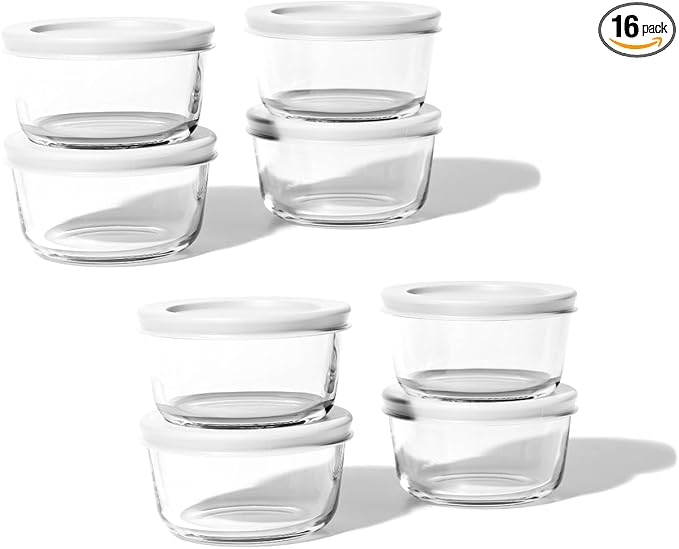 16-Piece Glass Food Storage Containers Set (8 Containers + 8 BPA-Free Lids) | 7-Ounce, Leakproof | Microwave, Freezer, Oven & Dishwasher Safe | Ideal for Meal Prep & Pantry Organization