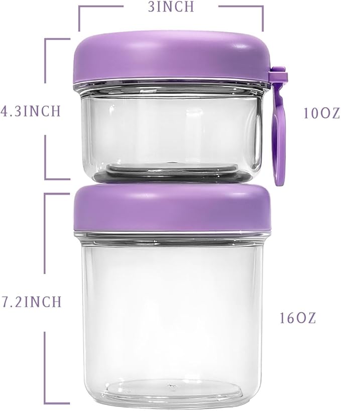 Container Food Overnight Oats Containers with Lids, Folding Spoons 26 oz Plastic Mason Jars Containers with Lids Portable Cereal and Milk Container on The Go (purple Oatmeal Cup)