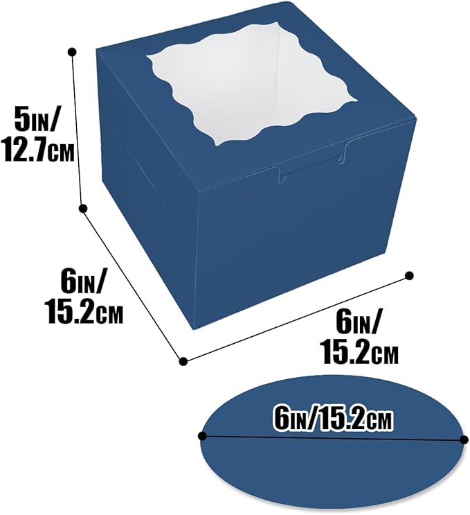 Bakepacker 36pcs 6x6x5 Inches Cake Boxes with Window 18-Packs Ink Blue Cake Boxes 6 Inch Bakery Boxes (18 Cake Boxes +18 Cake Boards Included)