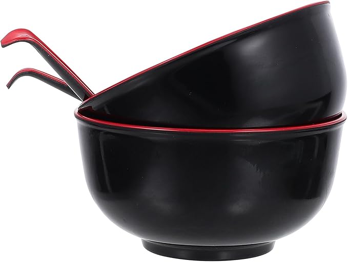 Practical Melamine Ramen Bowls with Spoons Black Red Soup and Rice Bowls Non-absorbent Asian Noodle Dinnerware for Hot Food Easy to Clean Kitchen Container Kit