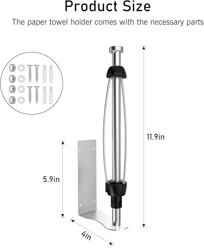 SetSail Paper Towel Holder Under Cabinet Single Hand Operable with Adjustable Damper Easy Tear Paper Towel Holder Wall Mount for Kitchen Bathroom, Adhesive or Screw, Silver
