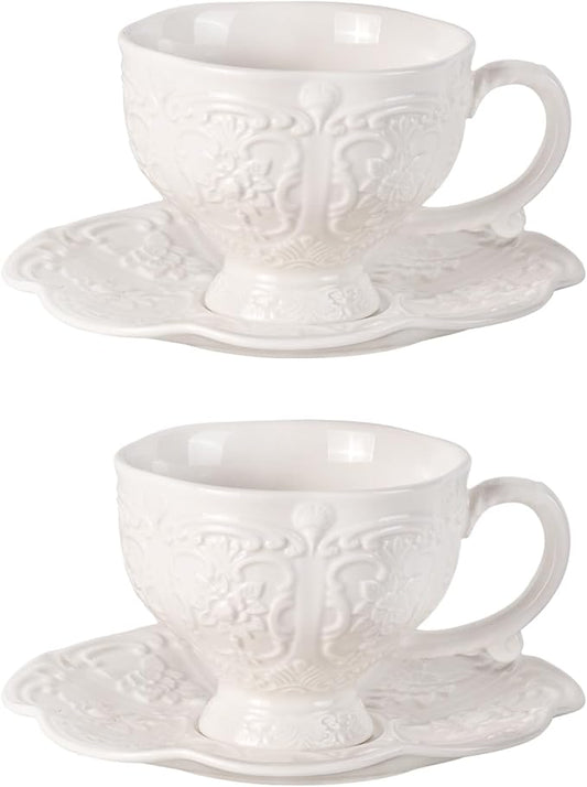 KAMMAK Tea Cups and Saucers Set of 2, Porcelain Coffee Cups, 7.8-Ounce Stackable Espresso Mugs, Ceramic Demitasse for Coffee, Latte, Americano, Tea, Britney
