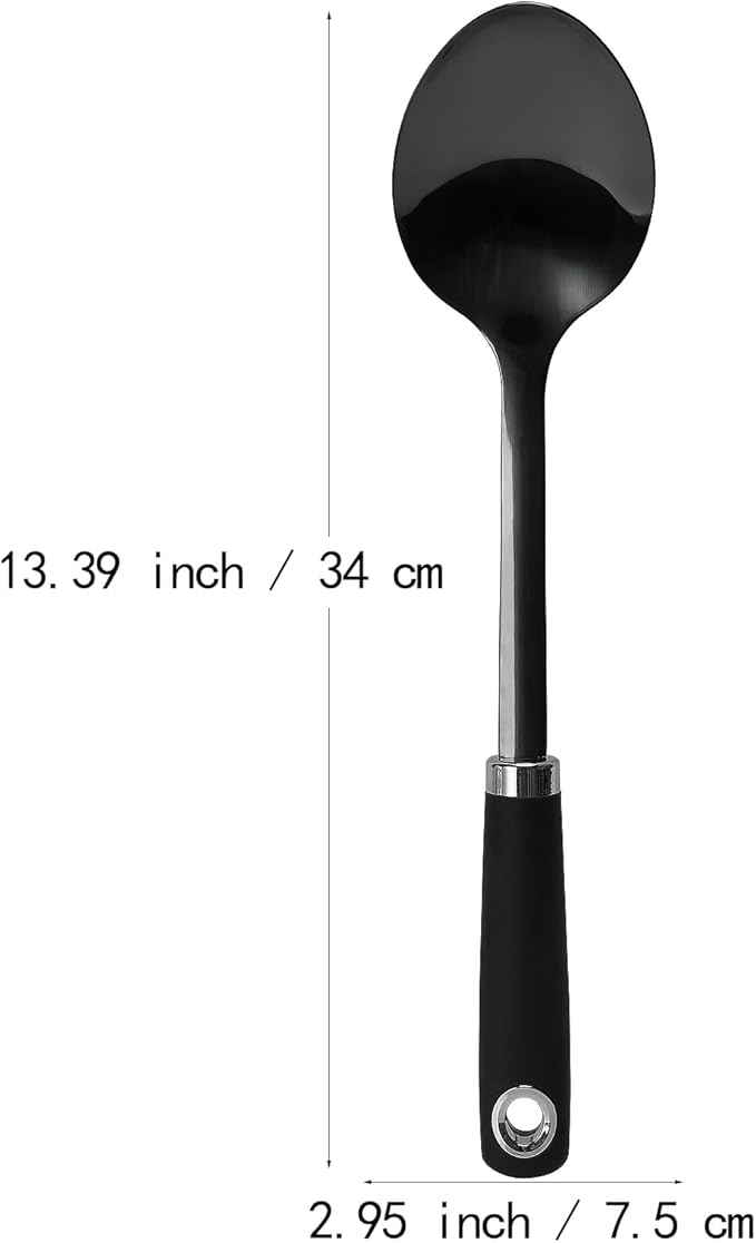 Stainless Steel Cooking Spoon Heavy Duty Basting Spoon Serving Spoons Stainless Steel Cooking Utensils with Non-Slip Ergonomic Handle, Black
