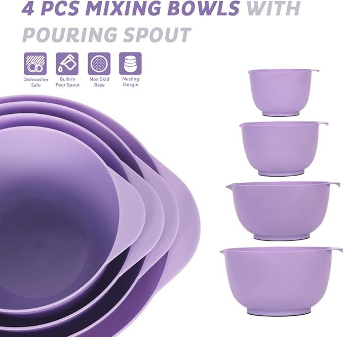 BoxedHome Nesting Plastic Mixing Bowl Set, 4 Piece Mixing Bowl Set with Pour Spouts, Size 1.7, 2.5, 3.5 and 4.5qt, for Prepping, Mixing, Baking, Cooking(2023 New Version, Purple)