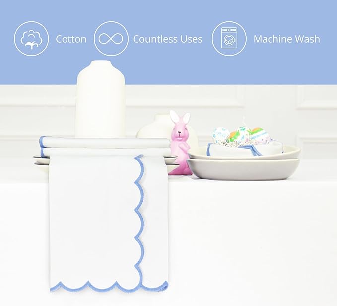 PurpleEssences Scalloped Embroidery Cloth Napkins Christmas Holiday Winter Table Decor 100% Cotton Set of 4-18 x 18 inch - White - Edges - Light Blue