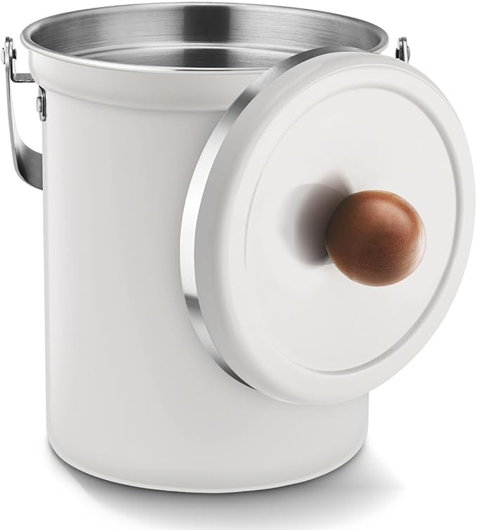 Kitchen Countertop Compost Bin 101ounces / 3Liters, Airtight Lid SUS304 Stainless Steel Odor-Free Food Waste Bin with Wooden Handle Stylish Design/Bathroom Trash Can (White)