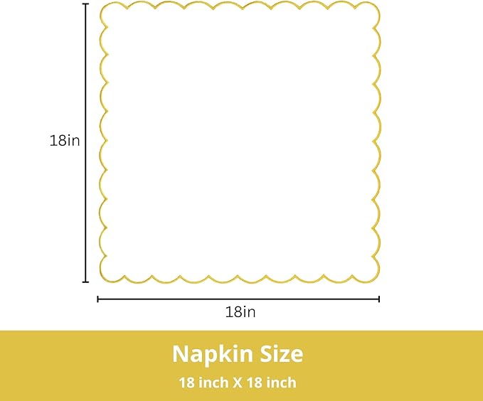 PurpleEssences Scalloped Embroidery Cloth Napkins Christmas Holiday Winter Table Decor 100% Cotton Set of 4-18 x 18 inch - White - Edges - Gold