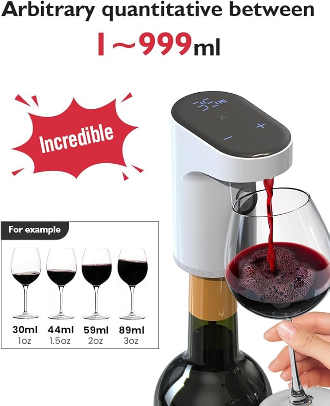 Smart Digital Wine Dispenser & Electric Aerator with Auto Stop, 1-999ML Quantitative Pour & Hands-Free Sensor for Wine, Whiskey, Spirits - Ideal Gift for Men, Dad, Him, Wine Enthusiasts (White)