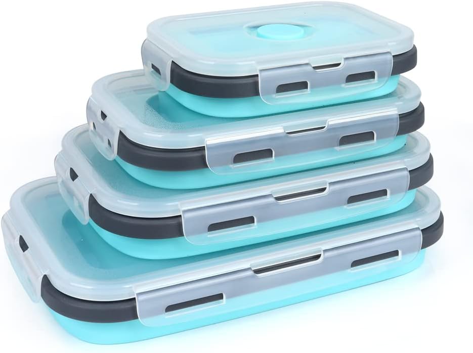 Set of 4 Collapsible Foldable Silicone Food Storage Containers,Ktichen Collapsible Storage Bowls with Airtight Plastic Lids for Leftover, Silicone Lunch Box-Microwave,Dishwasher,Freezer Safe