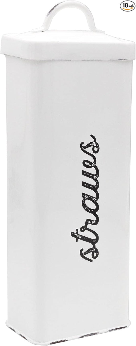 AuldHome Design Farmhouse Enamelware Straw Holder (White); Rustic Metal Straw Storage Canister
