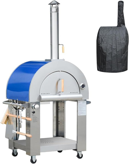 32.5" Propane Gas and Wood Fired Pizza Oven with Waterproof Cover, Large Outdoor Oven with Open Shelf and Wheels for BBQ, Grilling, Stainless Steel Pizza Oven for Outdoor, Backyard and Party (Blue)