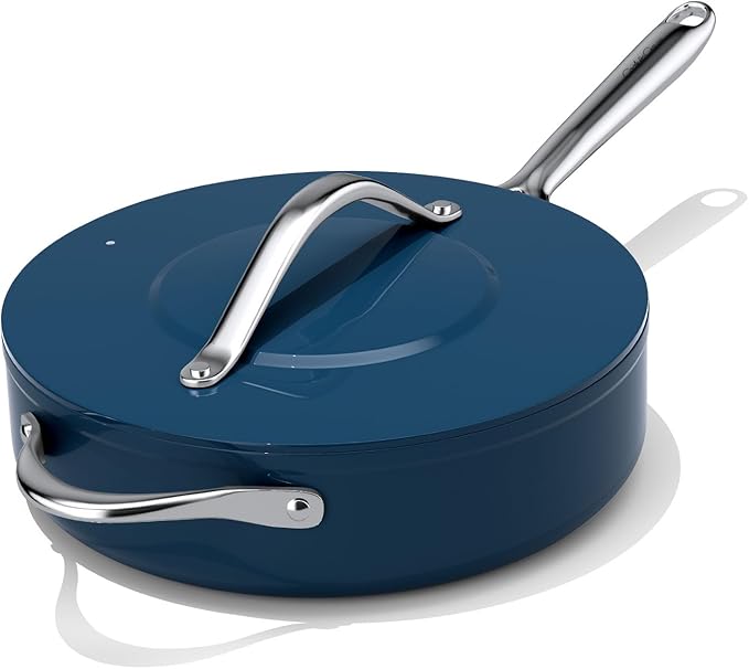 Nonstick Ceramic Sauté Pan w/Lid (4.5 qt, 11") Deep Frying Pan for All Cooktops Non Toxic Skillet PTFE/PFOA/PFAS Free, Even Heat Distribution Stainless Steel Stay-Cool Handle, Navy Blue