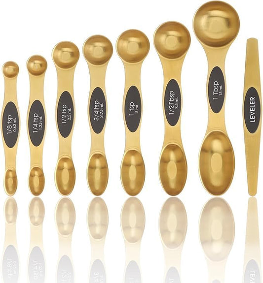 Gold Magnetic Measuring Spoons Set – Stainless Steel Stackable Spoons with Leveler, Fits in Spice Jars – Baking & Kitchen Essentials