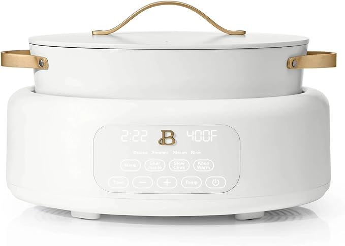 Beautiful 10-in-1, 6-Qt Electric Multi-Cooker | Programmable Touch Display | 7 Presets up to 400 °F | Sear Slow-Cook Steam Rice Warm | Oven-Safe Pot & Lid (White)
