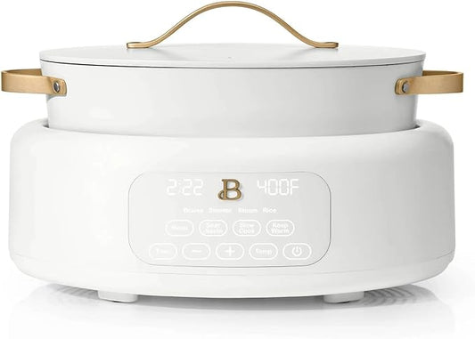 Beautiful 10-in-1, 6-Qt Electric Multi-Cooker | Programmable Touch Display | 7 Presets up to 400 °F | Sear Slow-Cook Steam Rice Warm | Oven-Safe Pot & Lid (White)